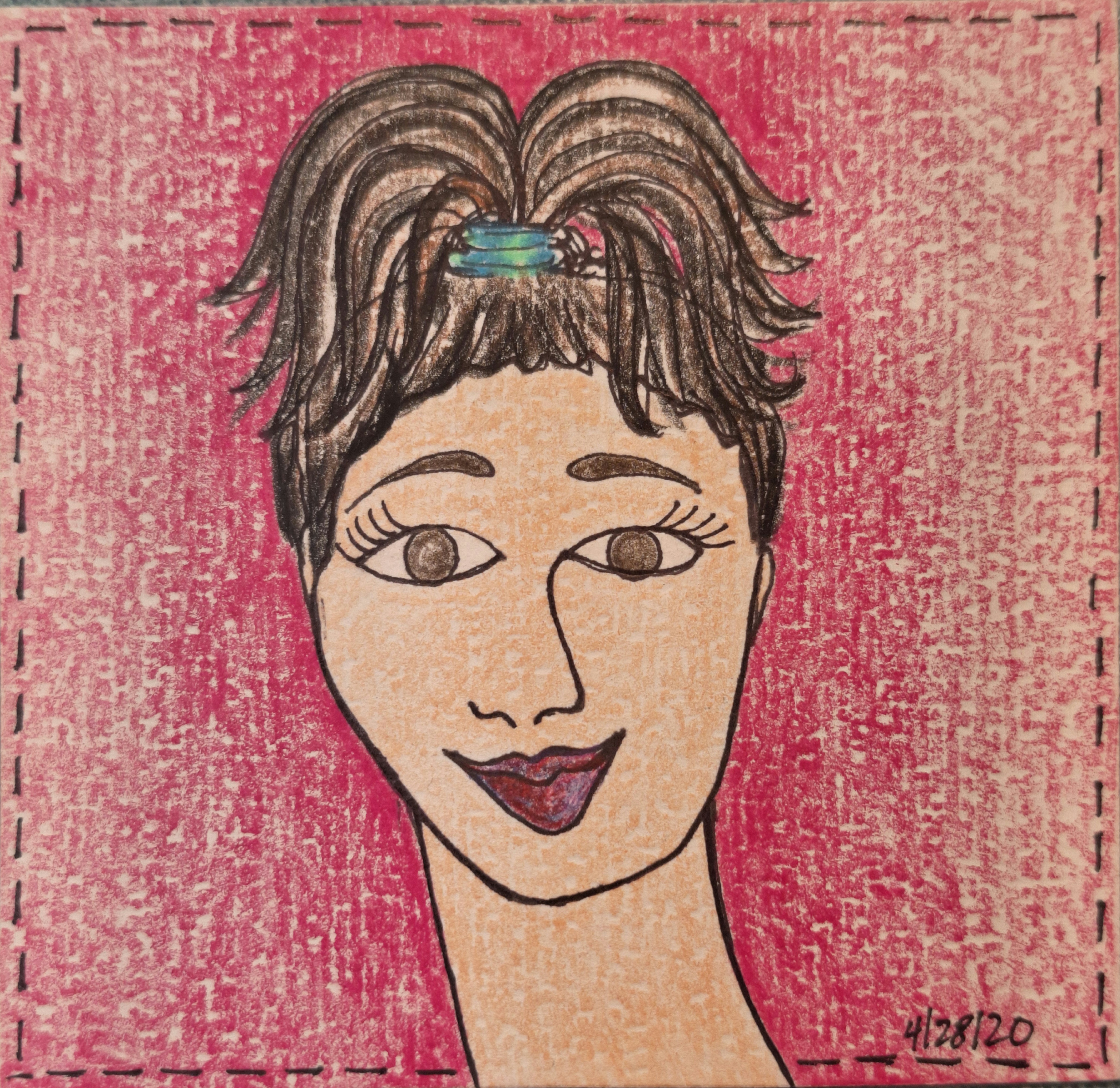 Cafe girl with curls, earrings, and bold green background